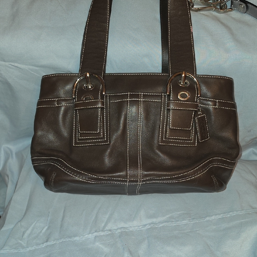 COACH chocolate Brown Leather Shoulder Bag with Contrast Stitching
